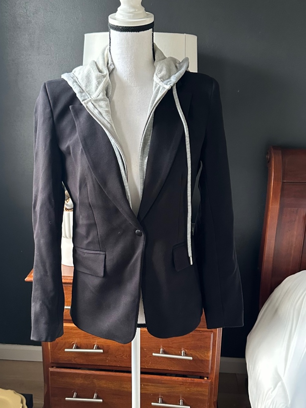 Central Park West Black Blazer Jacket with Grey Attached Hoodie - Size S